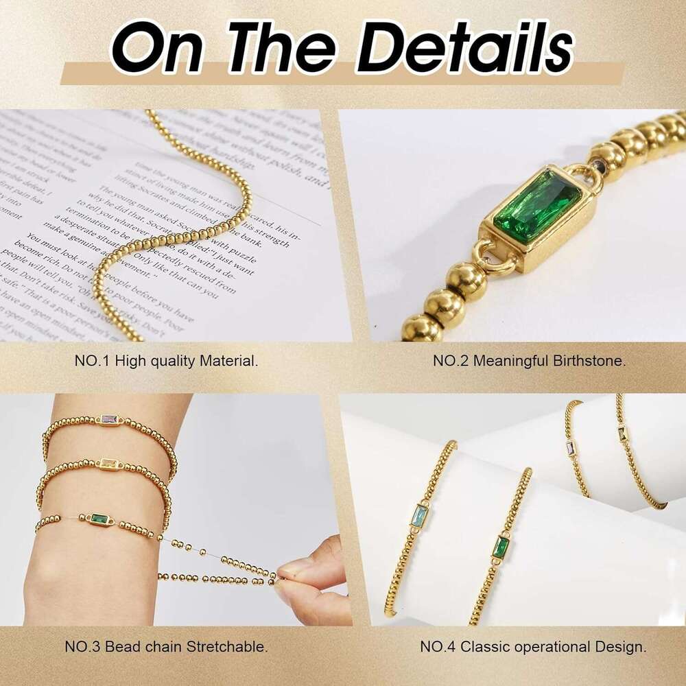 14K gold-plated birthstone bracelet, suitable women teenage girls, stackable exquisite jewelry, non color changing blue-green emerald, fashionable fri