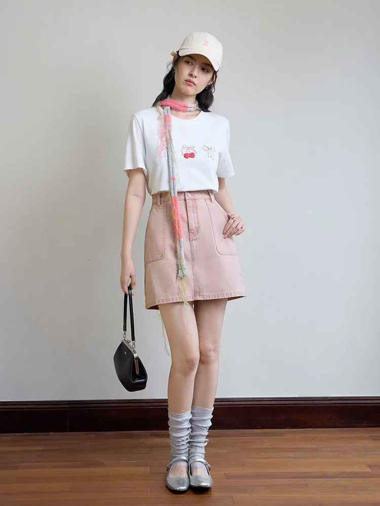 DUSHU Denim Skirt 100 Cotton Summer Mini Women High Waist AboveKnee Female Pink ALINE 24DS82678 250516Z