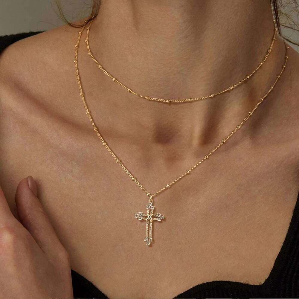 Multi layer golden women's gold-plated faith cubic zirconia cross pendant exquisite necklace prayer religious jewelry