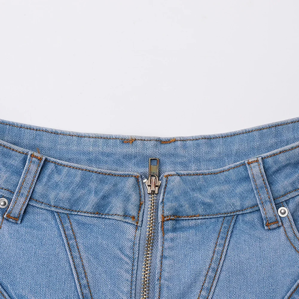 Denim Short Skirt for Women A Line High Waist Strecth Distressed Washed Zipper 2025 Mom Jeans Streetwear Ruffles Mini Skirts 250516Z