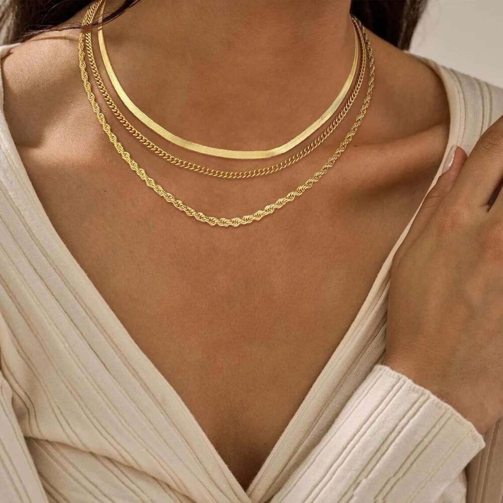 Layered Necklaces Stackable Chunky 14k Gold Cuba Snake Circle Paperclip Chain Simple Pendant Choker Herringbone Necklace Jewelry Set for Women giftss