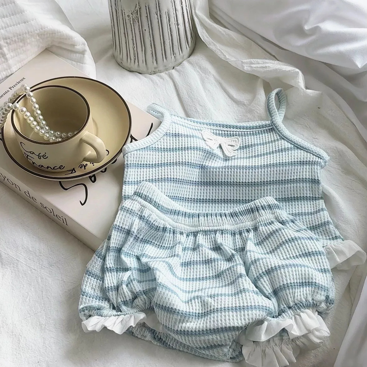 Korean version summer girls comfortable and breathable waffle classic striped fashion trend cute bow tie set 250517z