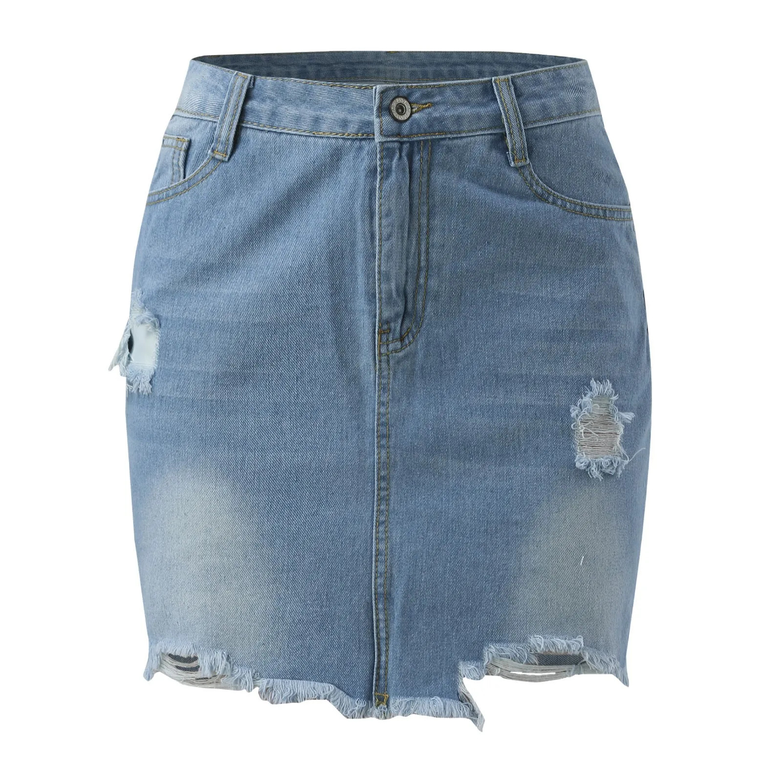 Short Jeans Skirt For Women High Waist Distressted Denim A Line Skirts Comfty Wrap Hip Mini With Pocket 250516Z