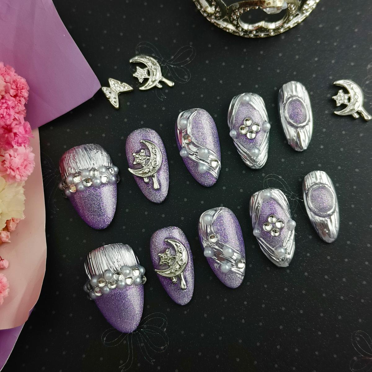10pcs 3D Hand drawn Handmade Press-on nail Short Almond Nails Bundle 3D Moon Star Pearl Sweet Elegant Finished nail stickers Free storage box jelly gl