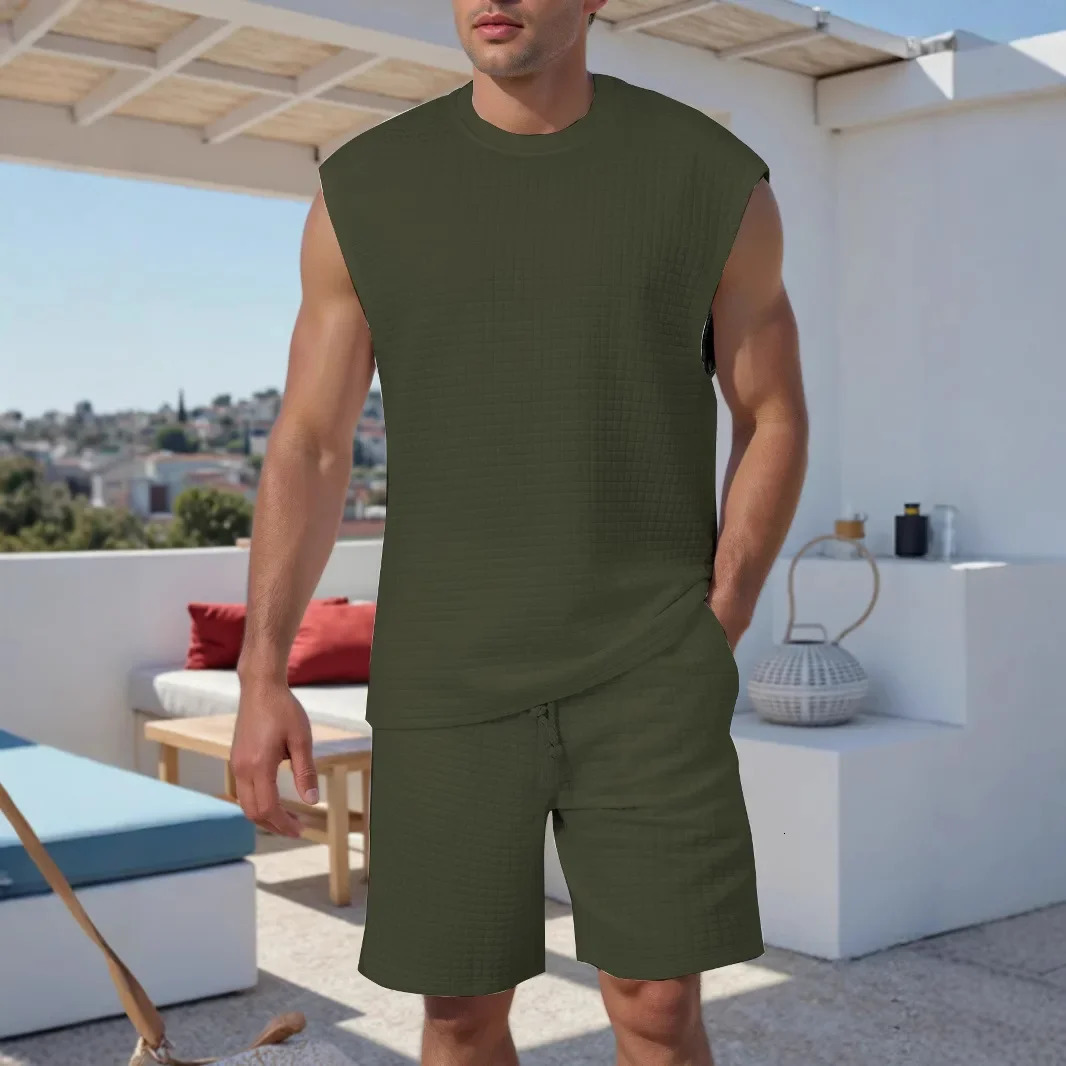 sleeveless small checkered vest and shorts twopiece set crossborder sports leisure solid color mens suit 250614