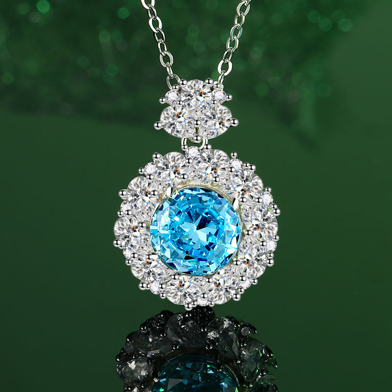 S925 Sterling Silver Aqua Blue Moissanite Jewelry Set with High Carbon Diamonds, Necklace, Earrings, and Ring for Women