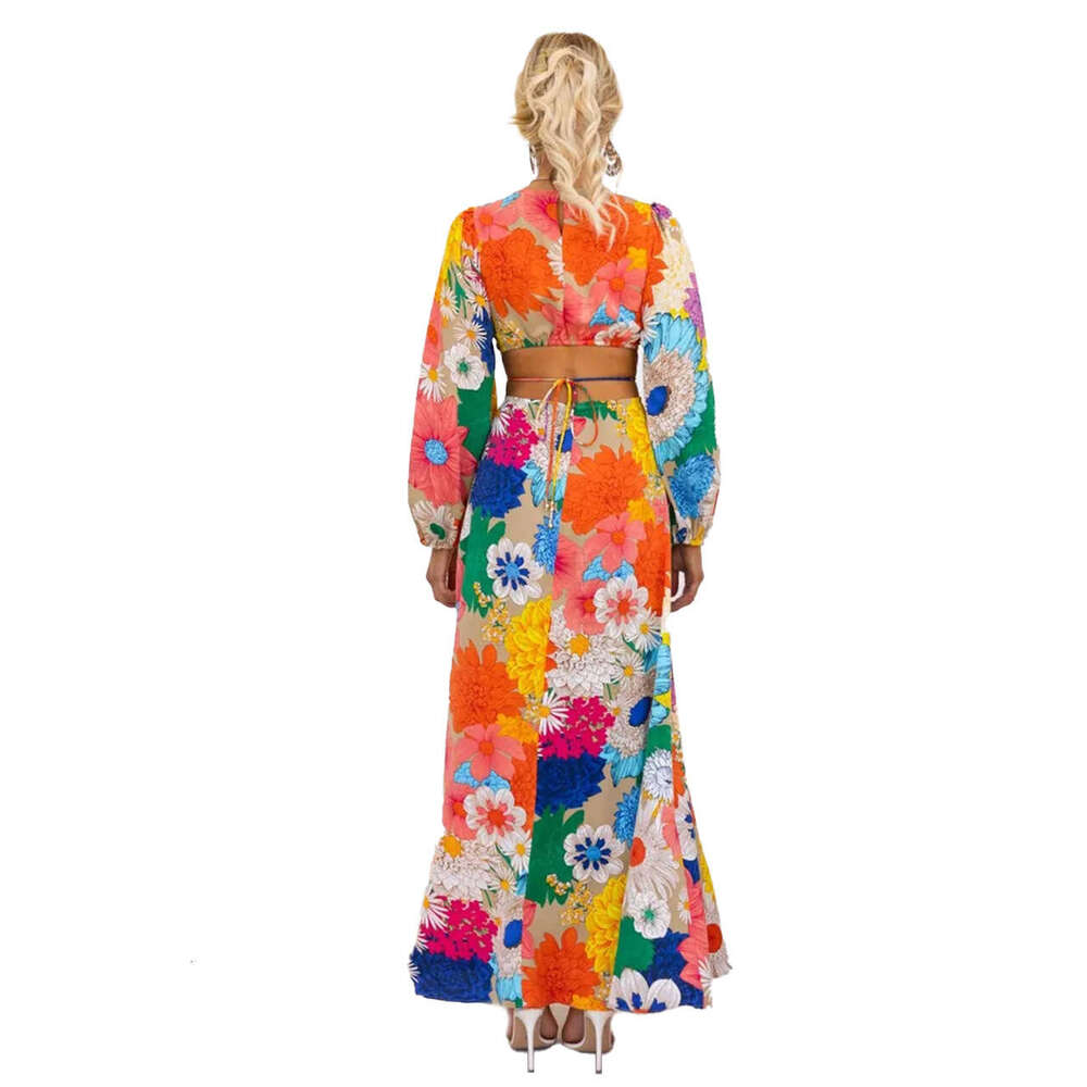 Maxi Dress Year Autumn And Winter New Fashionable Printed Round Neck Lantern Sleeve Long Waist Cinched Dress Floral Dress