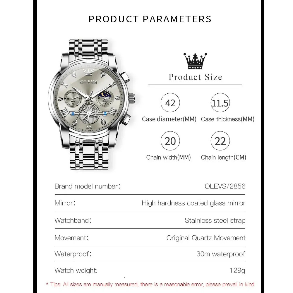 OLEVS 2856 Man Watch 24 Hour Moon Phase Chronograph Waterproof Luminous Multifuncation Original Quartz Wristwatch for Men 250603