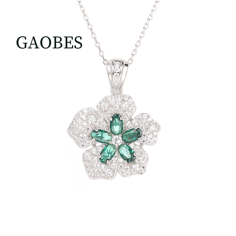 Fashionable 925 Sterling Silver Floral Necklace with Green Gemstone Pendant, Unique and Elegant Design for Women, Trendy and Versatile