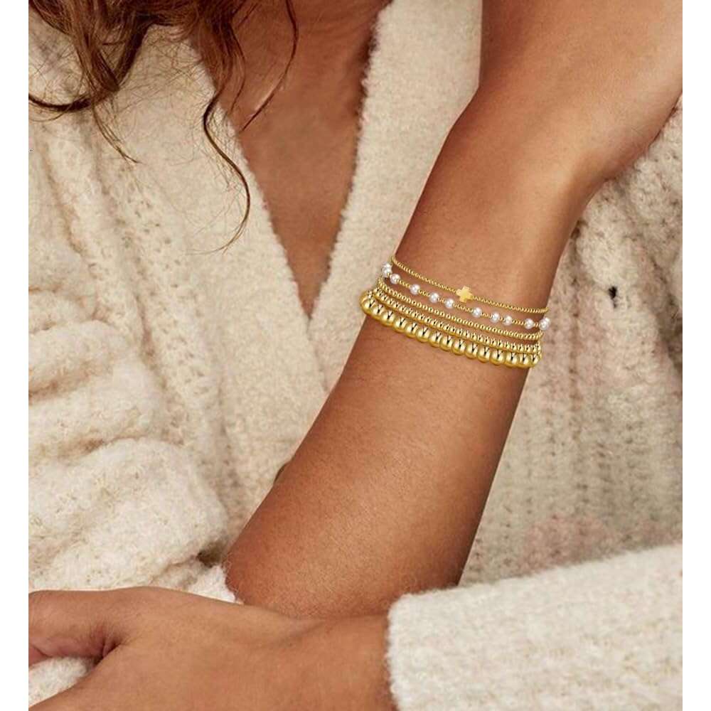 Beaded Women, 14K Real Gold Plated Jewelry Dainty Pearl Bead Bracelets Stack, Non Tarnish Trendy Stackable Ball Cross Stretch Bracelet Set Fashion Acc