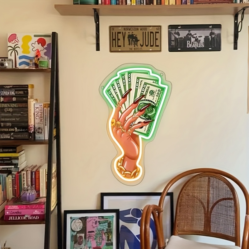 1pc Money-Themed LED Neon Sign - Green Dollar Bill Design with Golden Accents, USB-Powered Clear Acrylic Wall Art for Bedroom, Living Room, Office Dec