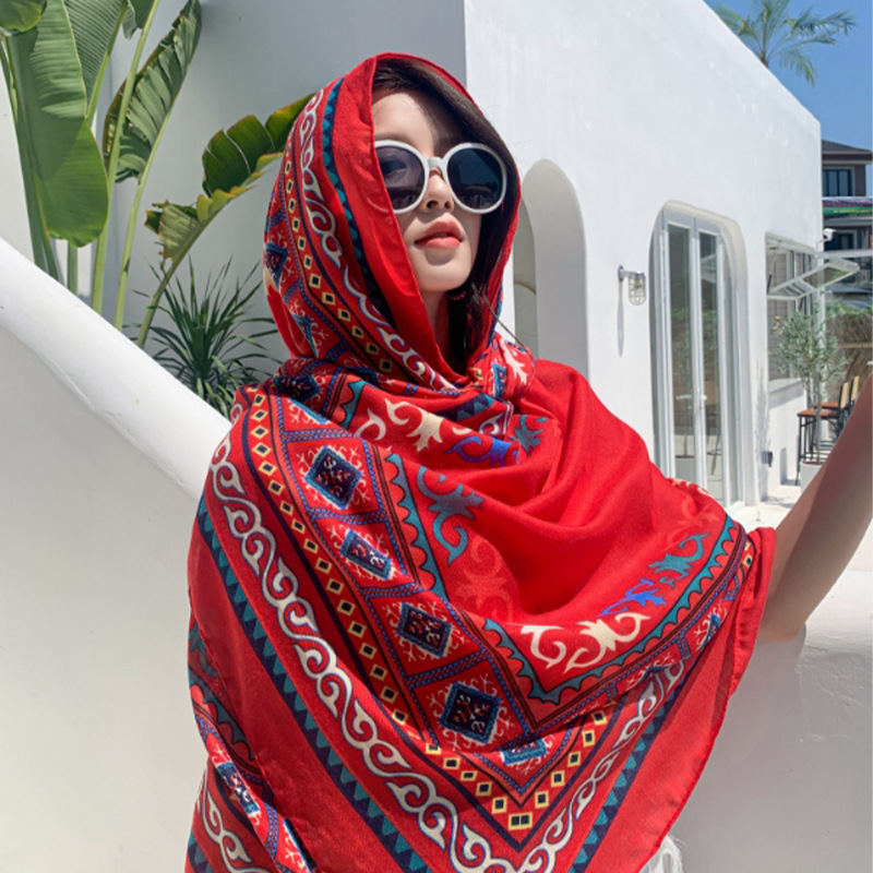 K825 New scarf women's beach towel sunscreen silk scarf summer ethnic style Yunnan travel wear retro shawl