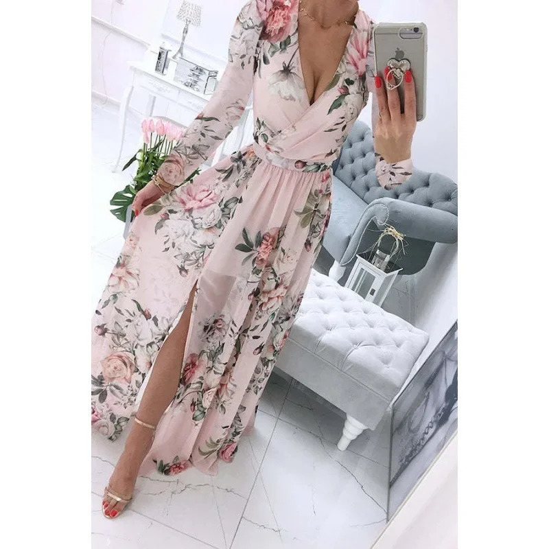 Summer Long Sleeve V-Neck Chiffon Printing Bohemian Dress For Women Independent Station Fashion 250519