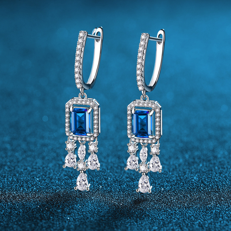 New 925 Sterling Silver Vintage Tassel Earrings with Emerald Green, Blue, and Red Classic Design, European and American Style Fashion Women's Dro