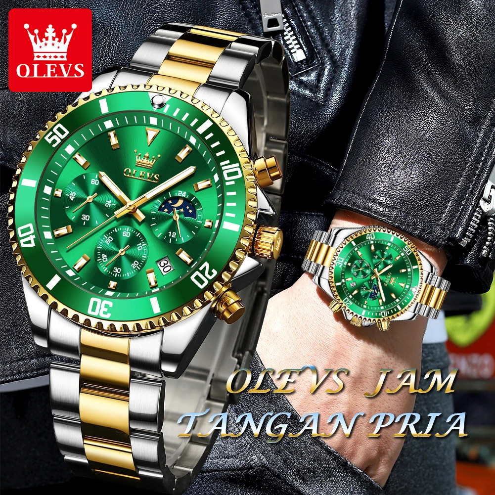 OLEVS 2870 Mens Watches Moon phase Steel Calendar Chronograph Original Quartz Watch Big Rota Dial Sports Wristwatches 250603