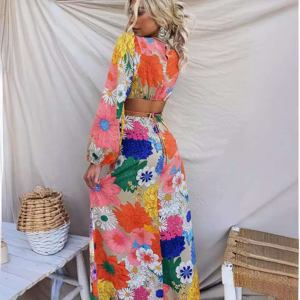 Maxi Dress Year Autumn And Winter New Fashionable Printed Round Neck Lantern Sleeve Long Waist Cinched Dress Floral Dress