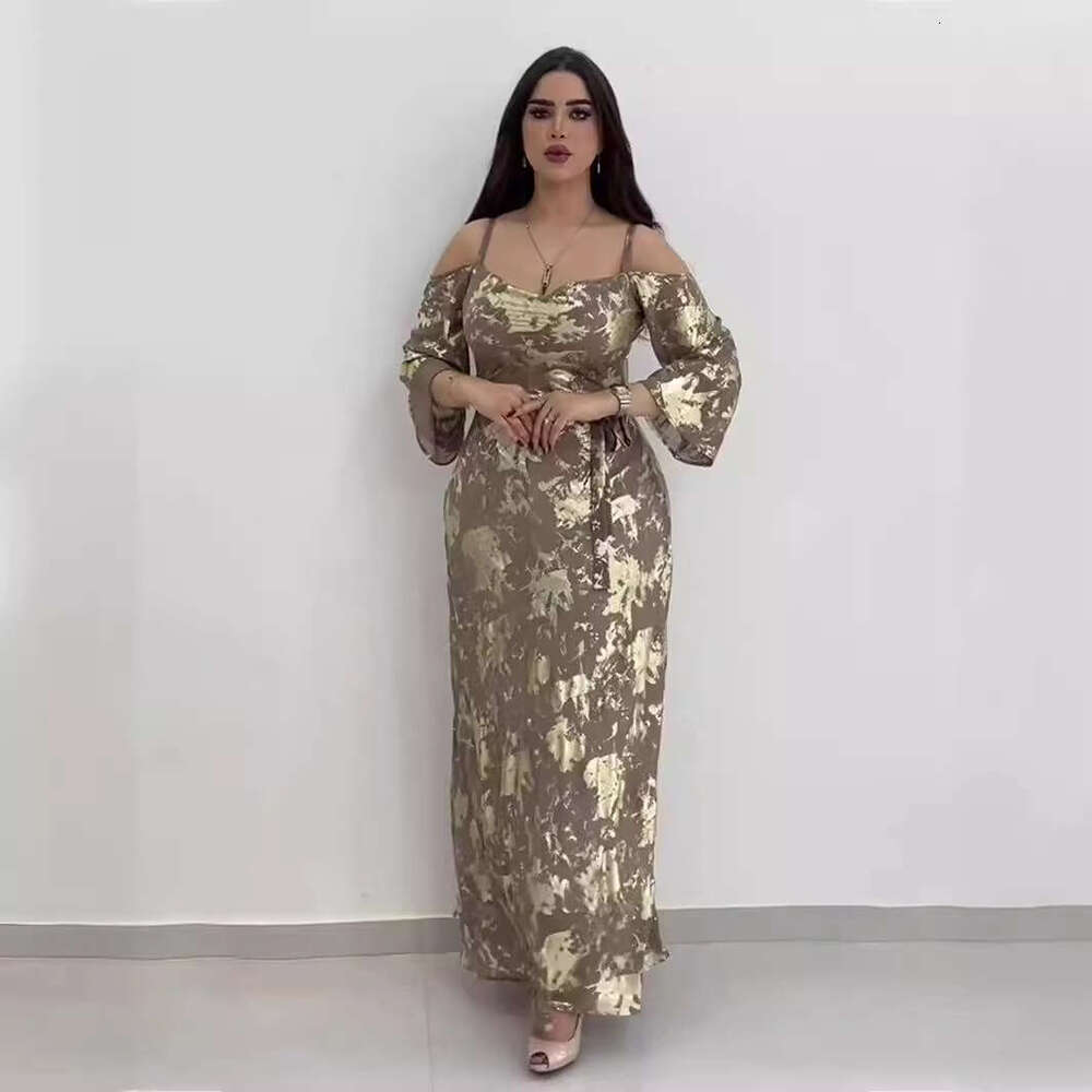 Maxi Dress Autumn New Printed Gold Plated Long With Suspended Shoulder Sleeves Dress Floral Dress
