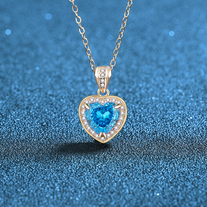 925 Sterling Silver Heart Pendant Necklace with Full Diamond Zircon Stones in Blue, Red, Pink, and Aqua, Rose Gold Plated Chain