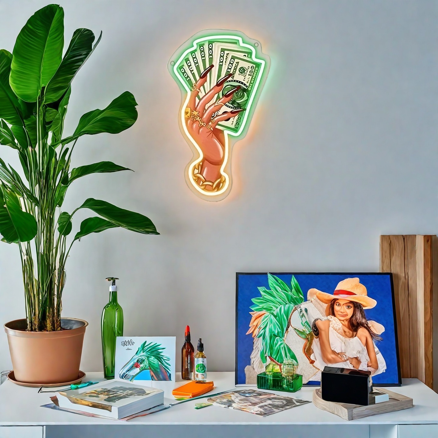 1pc Money-Themed LED Neon Sign - Green Dollar Bill Design with Golden Accents, USB-Powered Clear Acrylic Wall Art for Bedroom, Living Room, Office Dec