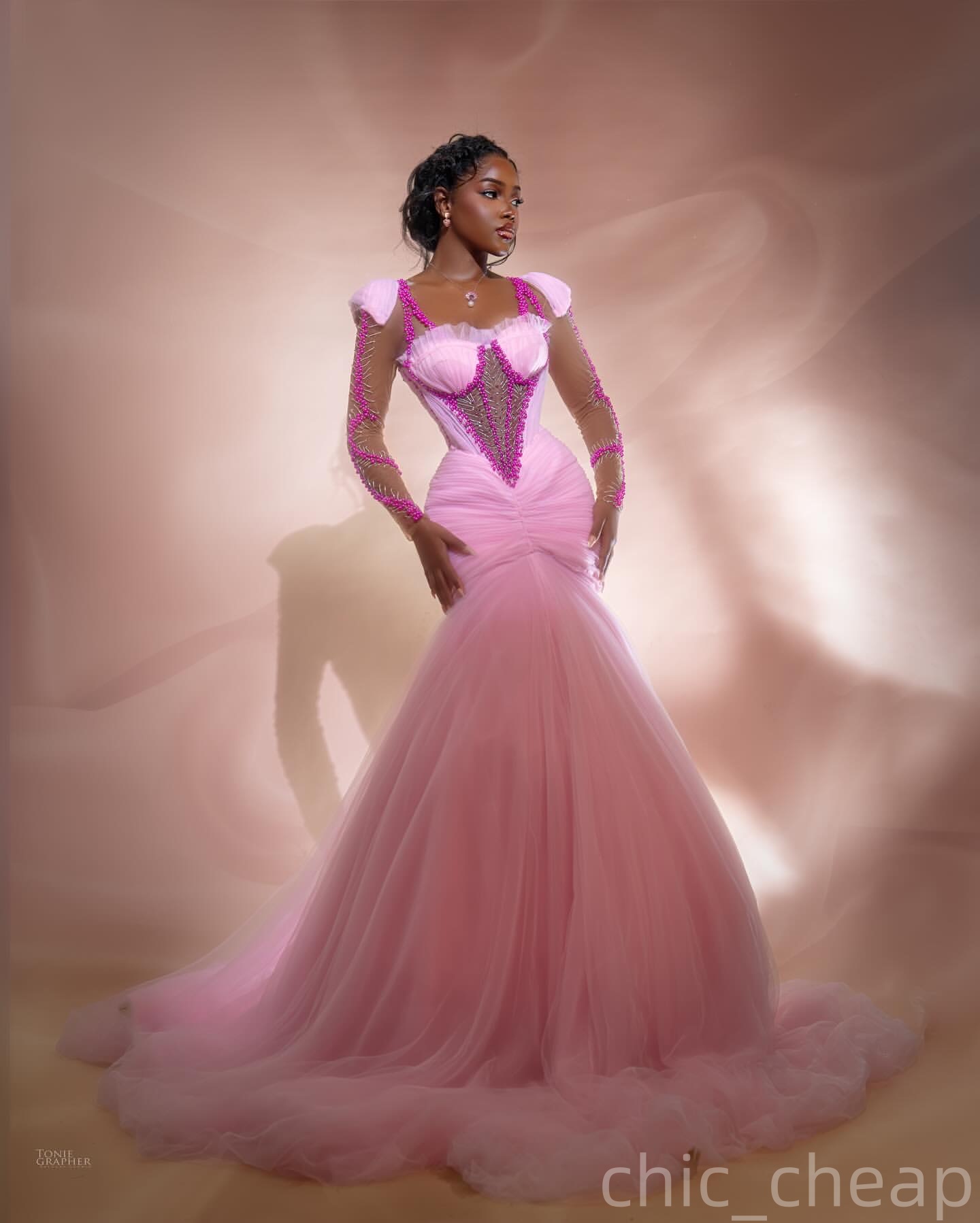 Pink Mermaid Prom Dresses 2025 Beaded Pearls Tulle Illusion Evening Formal Party Second Birthday Engagement Gowns Plus Size Dress For Special Occasion