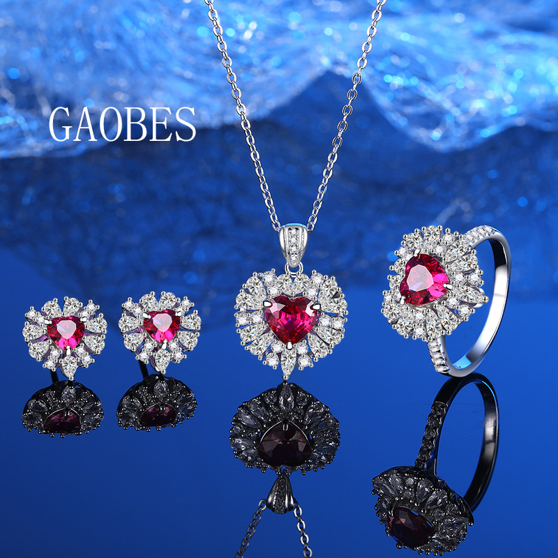 S925 Sterling Silver Heart-Shaped Red Ruby Jewelry Set with Necklace, Ring, and Earrings for Women - Elegant and Vintage Style