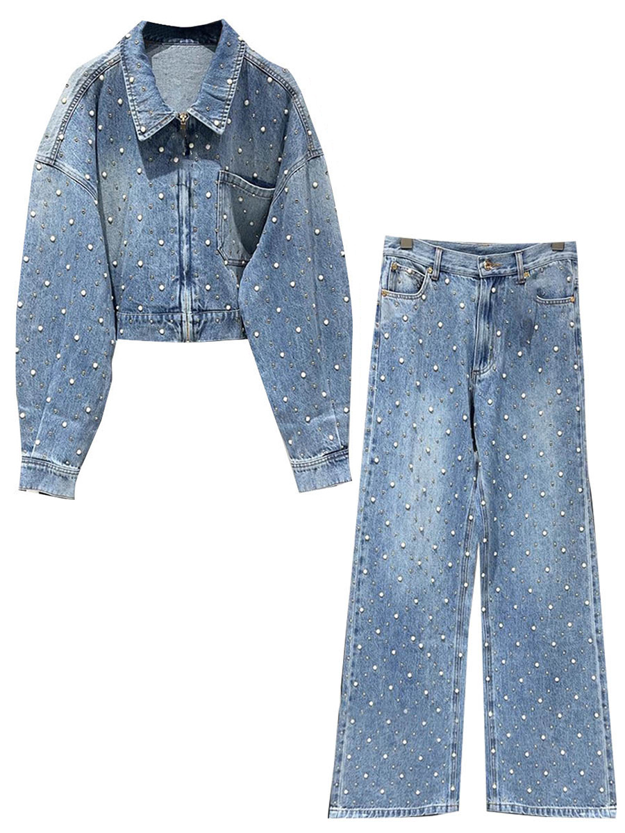 2025 Primavera/Estate Nuova Giacca In Jeans Di Fiocco Rhinestone+Pantaloni Per …