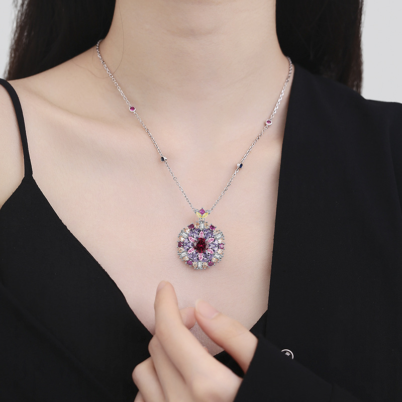 Candy Series S925 Sterling Silver Ruby Pendant Necklace with Colored Stones, Stylish and Elegant Jewelry for Women, Perfect for Showcasing Taste and S