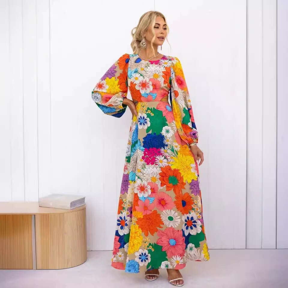 Maxi Dress Year Autumn And Winter New Fashionable Printed Round Neck Lantern Sleeve Long Waist Cinched Dress Floral Dress