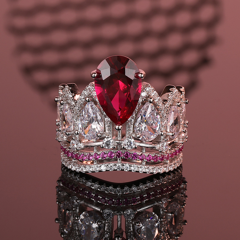 925 Sterling Silver Red Gemstone Ring with Diamonds, Luxury Jewelry for Engagement & Special Occasions