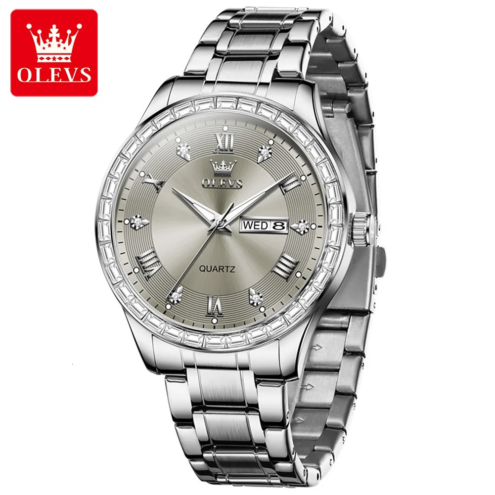 OLEVS 9906 Square Diamond Mens Quartz Watch Stainless Steel Strap Waterproof Dual Calendar Original Business Wristwatch 250603