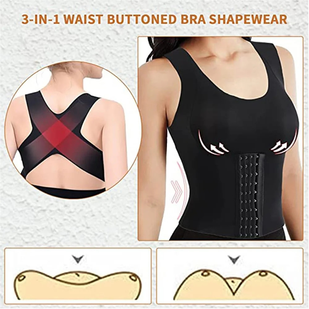 Women's 3-in-1 button-down bra style clothing posture correction weight loss cross-back underwear abdominal sleeveless T-shirt250603