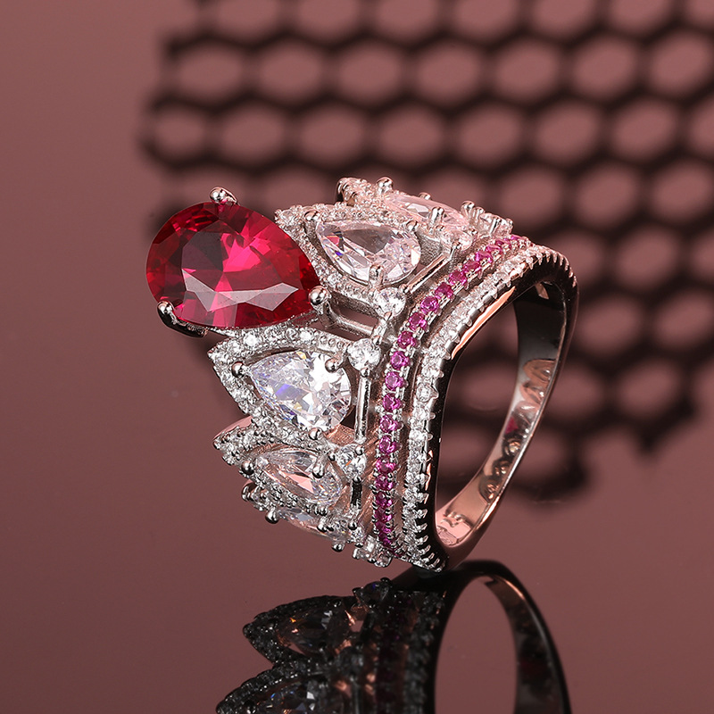 925 Sterling Silver Red Gemstone Ring with Diamonds, Luxury Jewelry for Engagement & Special Occasions