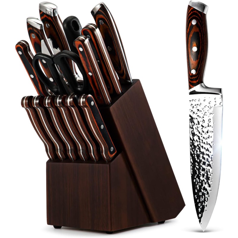 Automatic sharpening high-carbon stainless steel knife set of 15 pieces - includes wooden knife rack and steak knife