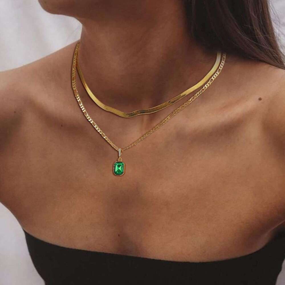 Women's gold gold-plated emerald pendant rectangular necklace, suitable for teenagers, layered necklace jewelry gift