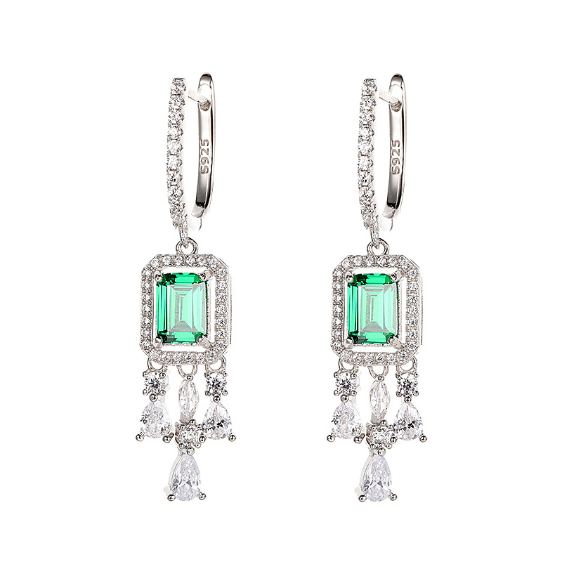 New 925 Sterling Silver Vintage Tassel Earrings with Emerald Green, Blue, and Red Classic Design, European and American Style Fashion Women's Dro