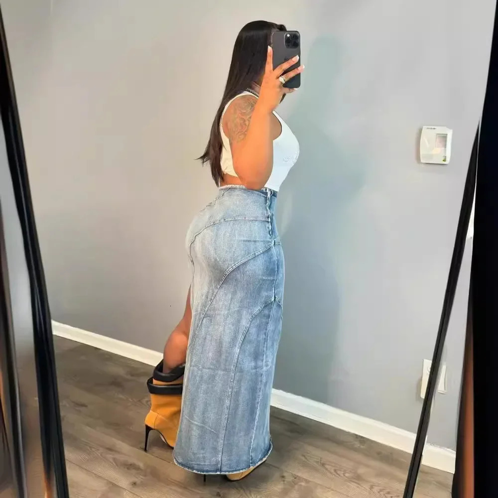 Denim Irregular Skirt Women High Waist Stretch Distressed Washed Zipper Mom Jeans Sexy Club Vintage Long Skirts 2025 Streetwear 250516Z
