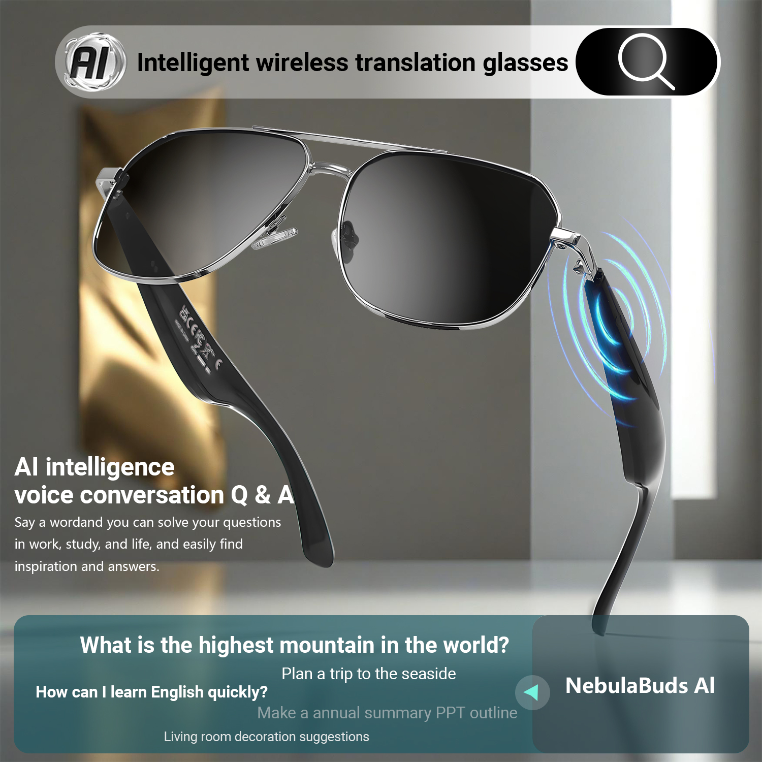 2025 New AI Translation Bluetooth Glasses Listening and Talking 100+ Languages Real Time Translation Glasses