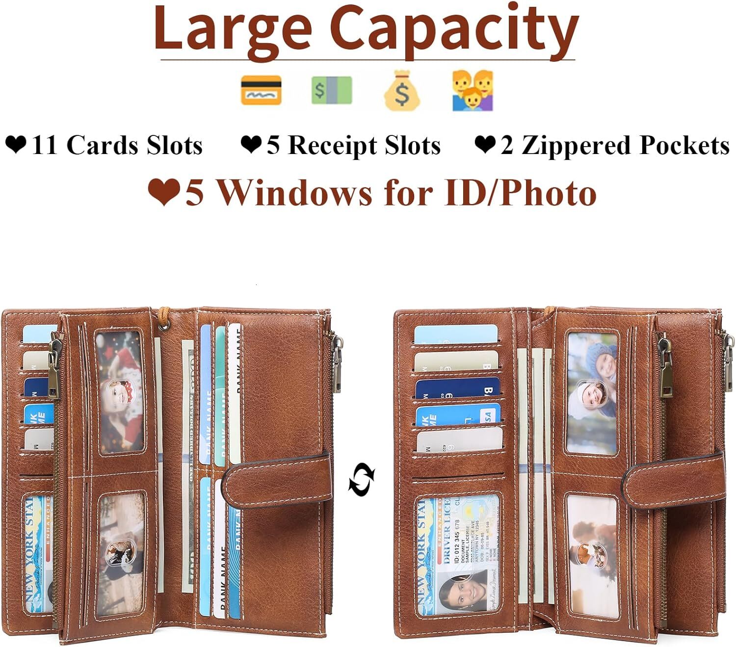 GOIACII Large Capacity Credit Card Clip RFID Wallet Zipper Pocket Leather Double Fold Women's Wristband Handbag, A01 Brown,