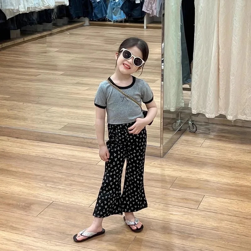 Back to School Outfits 2025 Summer Cute Bow knit Short Sleeve TShirtsPants 2Pcs Kids Sets 38Yrs Baby Girls Casual 250517z