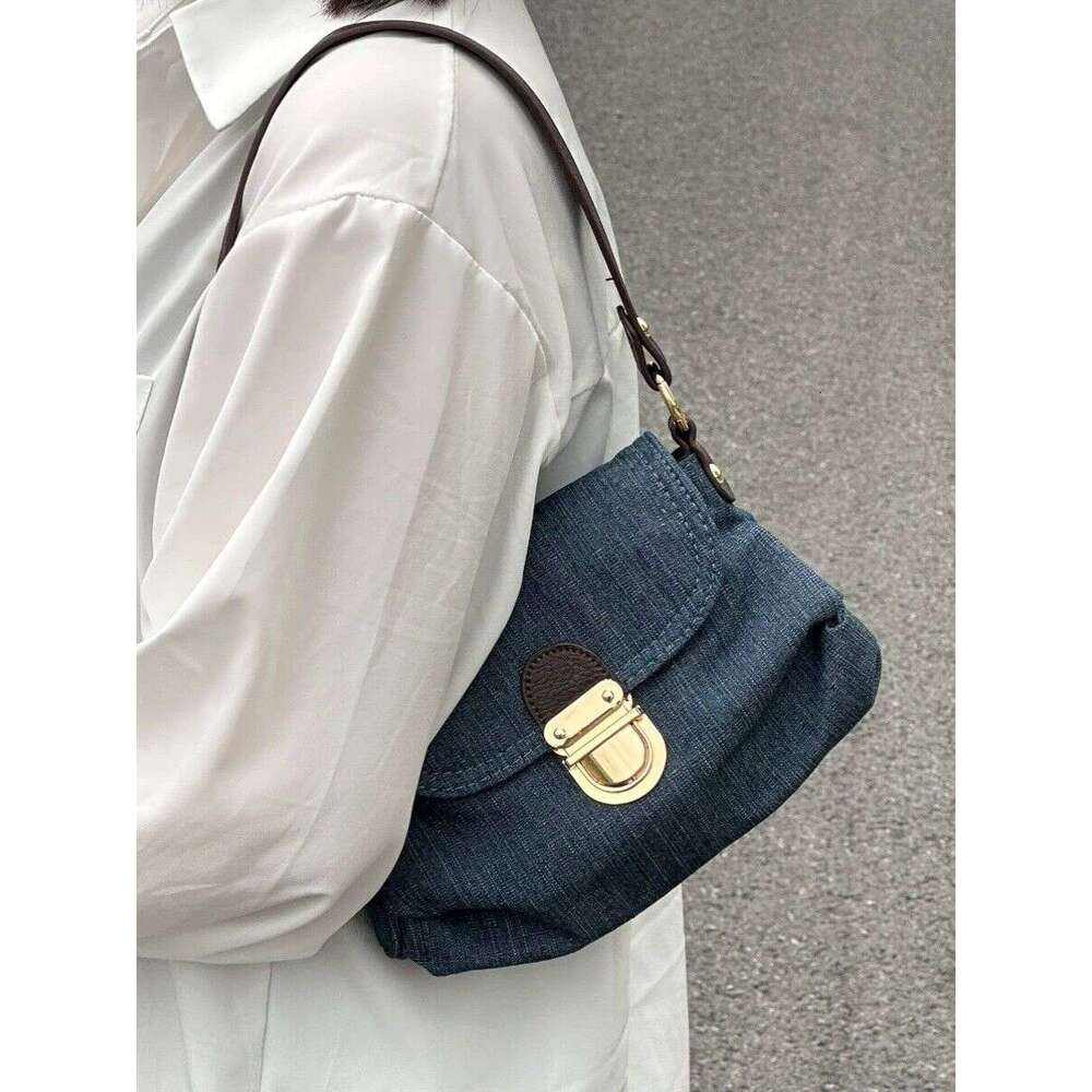 Niche design denim shoulder crossbody 2025 new style lock underarm commuting small square bag