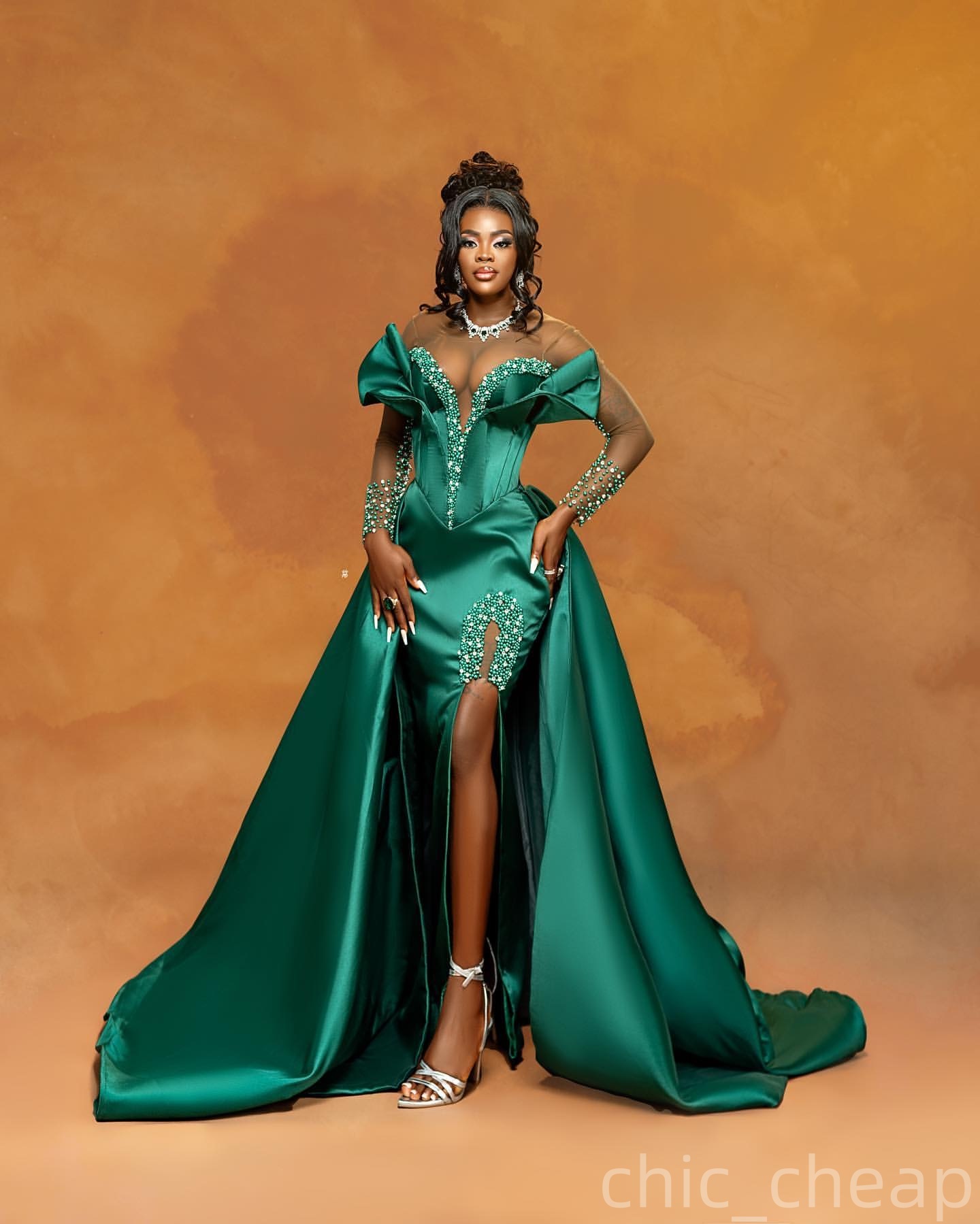 Dark Green Mermaid Prom Dresses 2025 Crystals Pearls Satin High Split Evening Formal Party Second Birthday Engagement Gowns Plus Size Dress For Specia