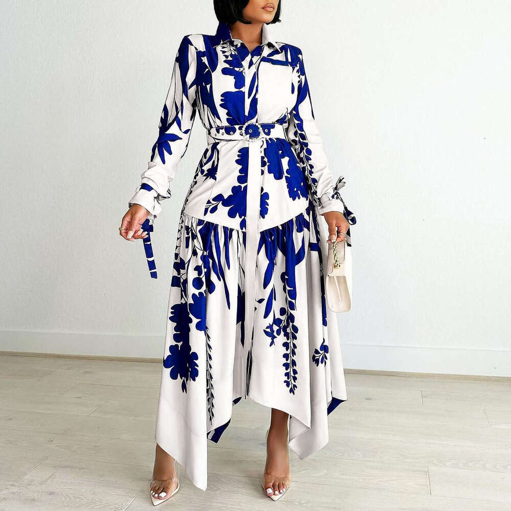 Maxi Dress D Large Women S New Temperament Printed Irregular Flip Neck Dress Floral Dress