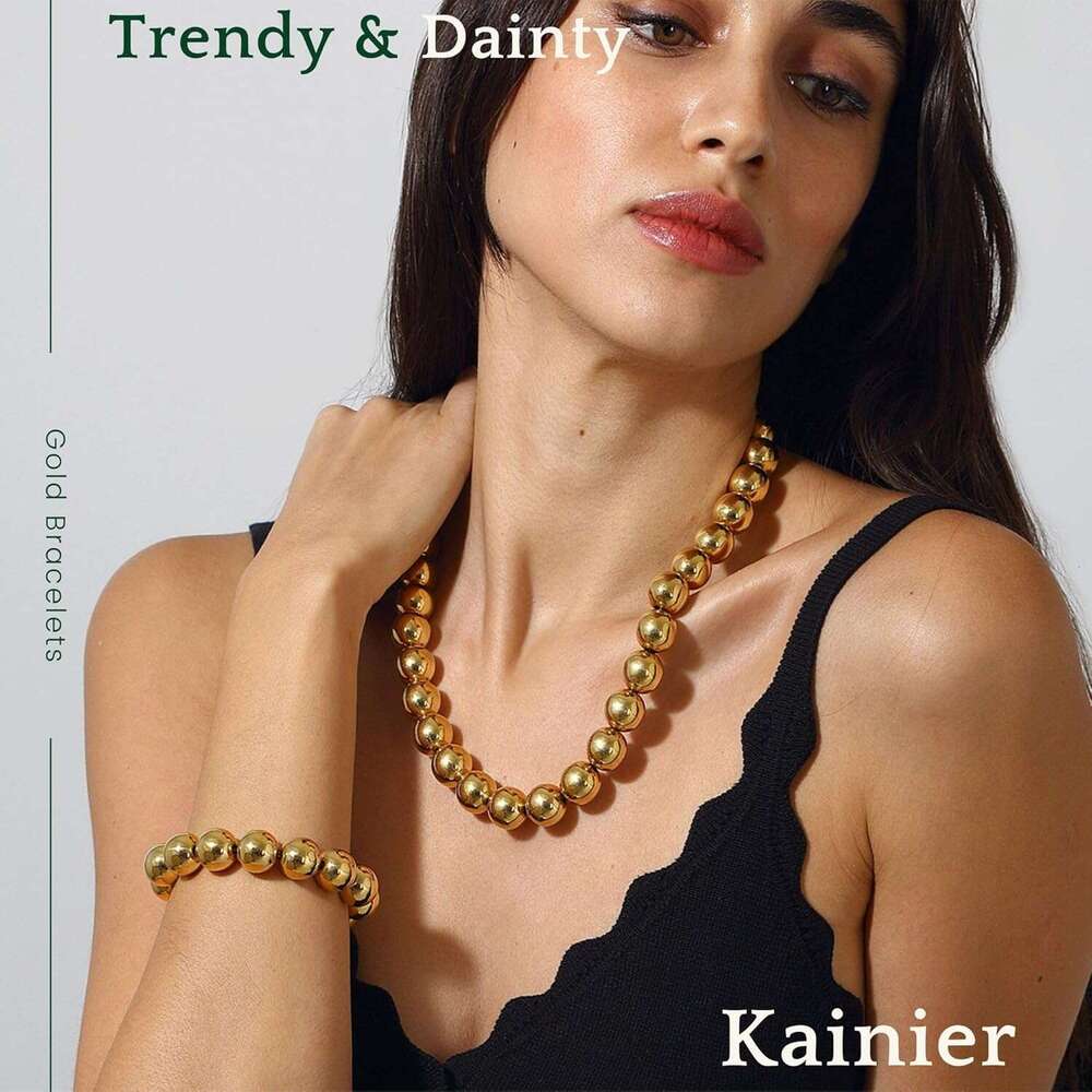 Beaded for Women 14K Gold Plated Chain Bracelets Strand Non Tarnish Chunky Dainty Link Stackable Beads ball Bracelet 8/12/16mm