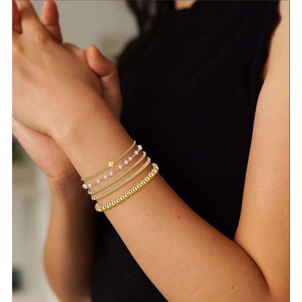 Beaded Women, 14K Real Gold Plated Jewelry Dainty Pearl Bead Bracelets Stack, Non Tarnish Trendy Stackable Ball Cross Stretch Bracelet Set Fashion Acc