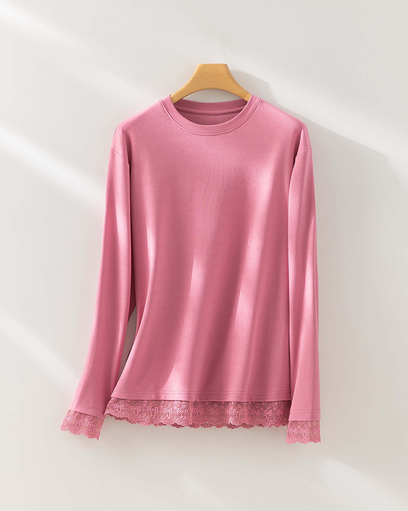 SLL16510 Lace stitching lace design round neck bottoming shirt women's spring casual all-match sweatshirt