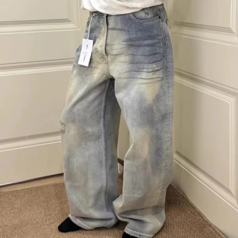 Vintage Cleanfit Damaged Hole Blue Baggy Jeans Pants for Men and Women Washed Casual Wide Leg Loose Denim Trousers Oversized