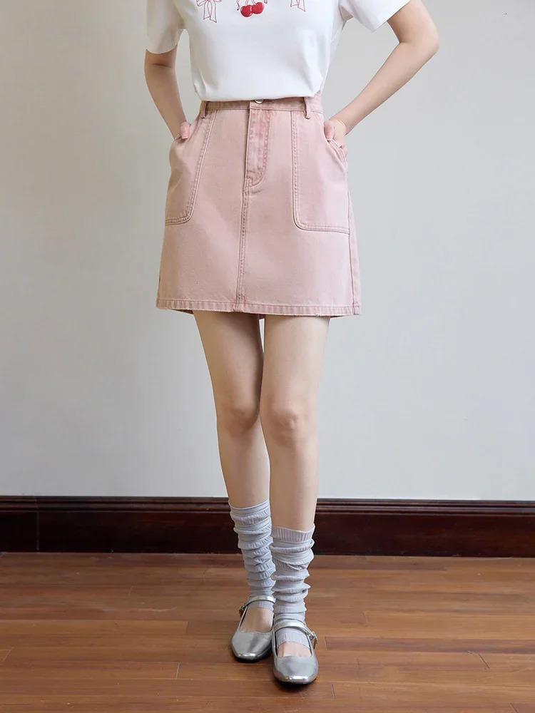 DUSHU Denim Skirt 100 Cotton Summer Mini Women High Waist AboveKnee Female Pink ALINE 24DS82678 250516Z