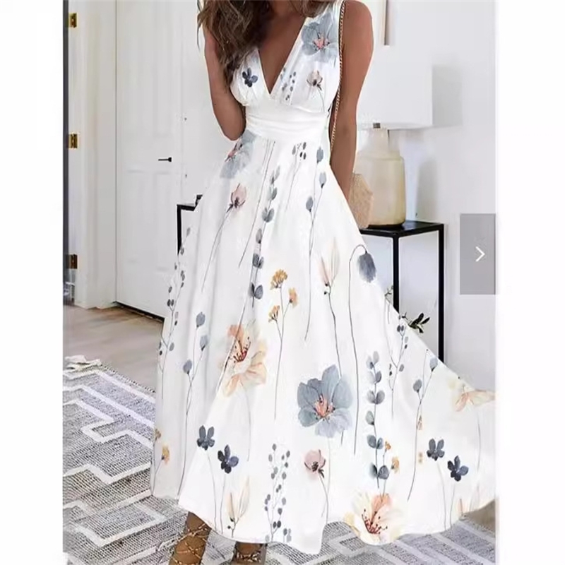 2026 Women's Summer Dress New V-neck High Waist Sleeveless Sun Skirt Printed Sexy Tank Top Dress