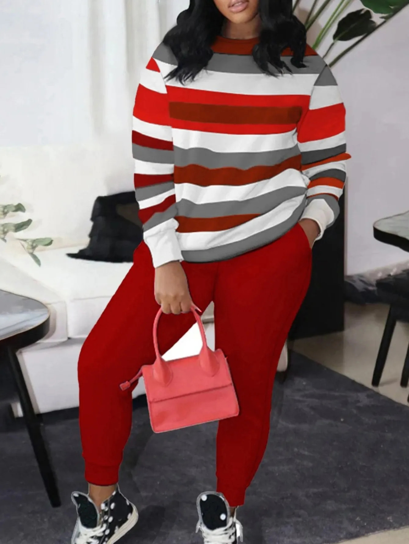 XL5XL LW Plus Size Striped Patchwork Pants Set Women Long Sleeve Legging Round Neck Casual Two Piece Outfit Tracksuit 250513Z