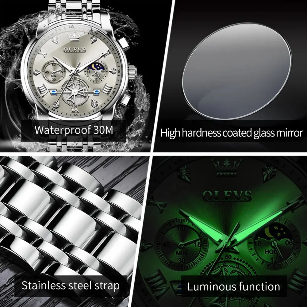 OLEVS 2856 Man Watch 24 Hour Moon Phase Chronograph Waterproof Luminous Multifuncation Original Quartz Wristwatch for Men 250603